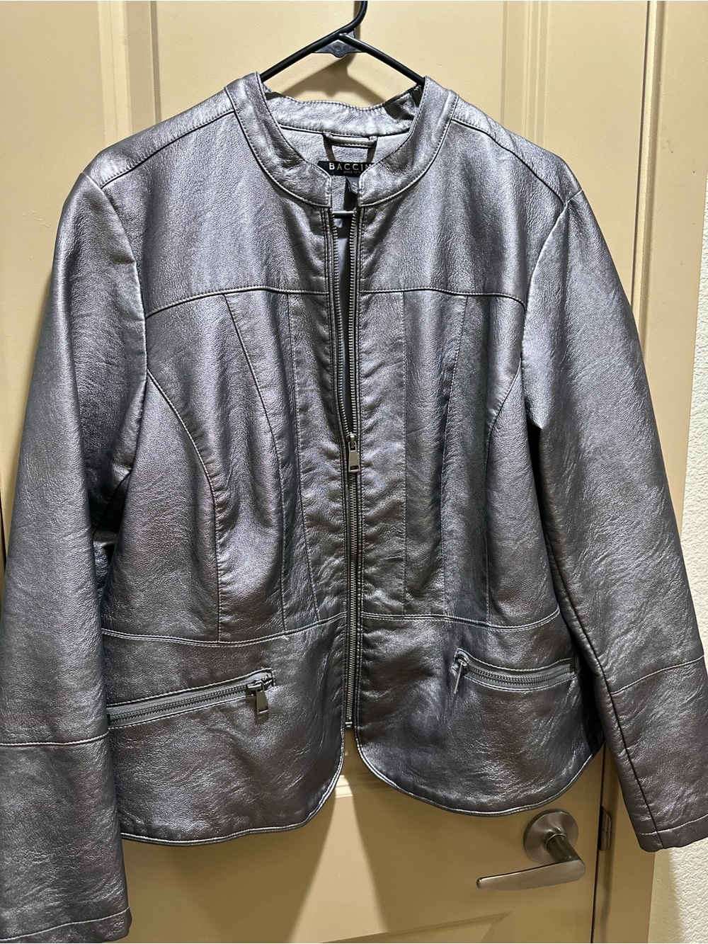 Baccini Metallic Silver Crewneck Leather Zip Jacket